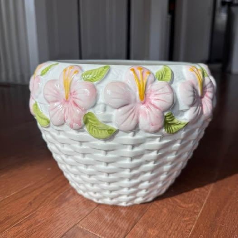 Vintage Portuguese Ceramic Planter – Basketweave Floral Bowl (Cottagecore Decor)